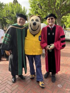 Dean Michael C. Lu and Commencement Speaker Gerald Chan with Oski.