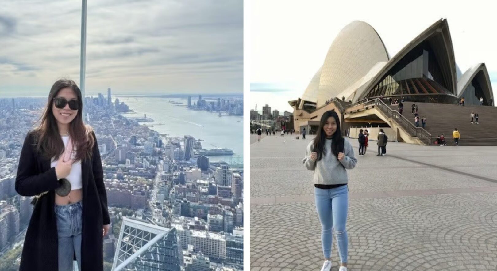 Virginia Chan poses in front of tourist landmarks.