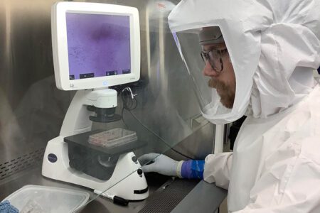 Postdoctoral fellow Erik van Dis handles SARS-CoV-2 in the BSL3 lab at UC Berkeley